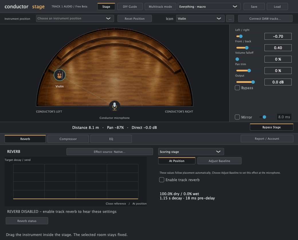 Conductor Stage Free Beta interface: semicircular wooden orchestra stage, violin position, conductor microphone, position controls and native reverb baseline settings