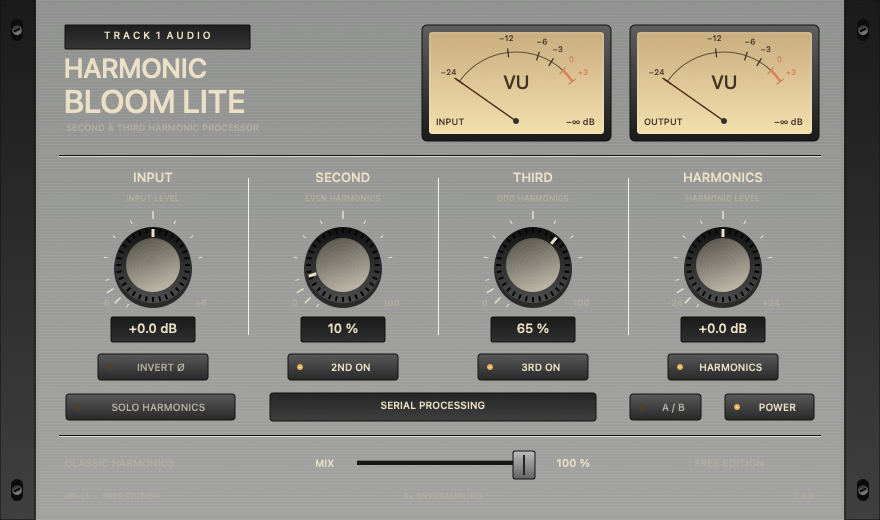 Harmonic Bloom Lite free harmonics plugin with dual VU meters, Second and Third controls, Harmonics gain and Solo, Classic serial processing