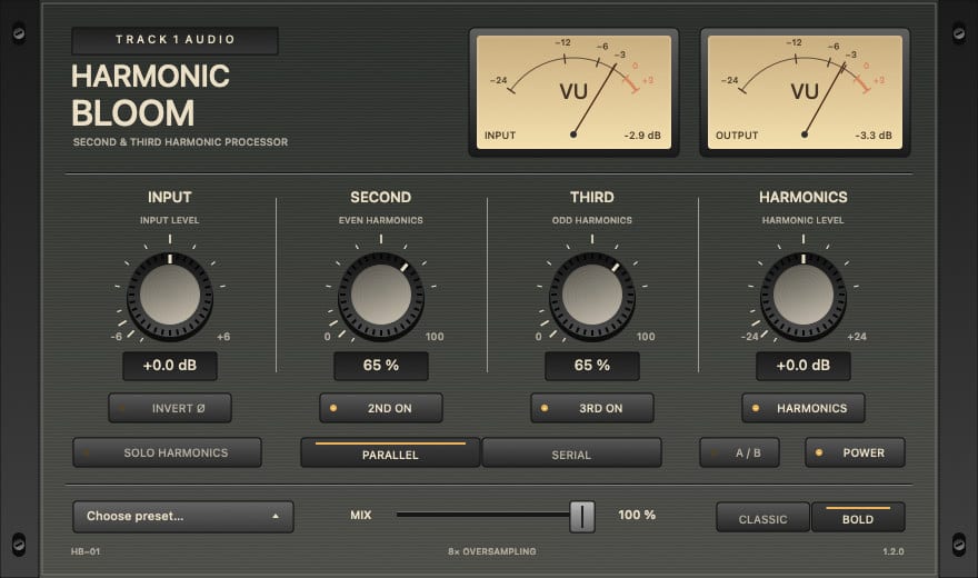 Harmonic Bloom by Track 1 Audio Premium harmonic saturation plugin with dual VU meters, 2nd order and 3rd order harmonics controls, Harmonics gain and Solo, Classic and Bold modes with serial and parallel routing